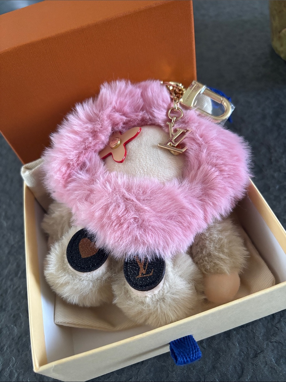 💖 Pink and Beige Fur Pom Pom Bag Charm with Upcycled Gold LV Hardware 💖